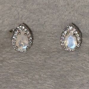 Faceted Moonstone and White Topaz Stud Earrings Solid Sterling Silver